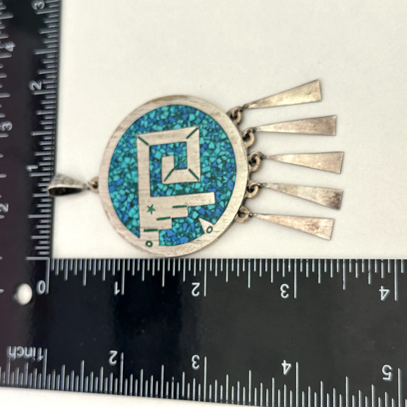 Vintage Taxco Mexico Sterling Turquoise Onyx Heavy Medallion Reversible Pendant - Picture 12 of 12